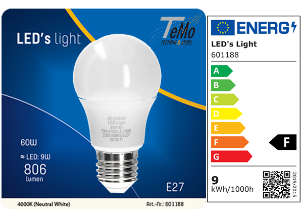 1 STÜCK (VPE) SHADA LED Classic E27, 806lm, 8,5 Watt, neutralweiss 4000K, A60 Opal, EEC: F (0601188)